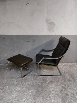 Lounge Chair and Footrest in Dark Brown Leather and Chrome by Rudolph Glatzl for Walter Knoll, Germany, 1970s, Set of 2-AIF-1782186