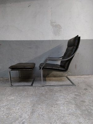 Lounge Chair and Footrest in Dark Brown Leather and Chrome by Rudolph Glatzl for Walter Knoll, Germany, 1970s, Set of 2-AIF-1782186