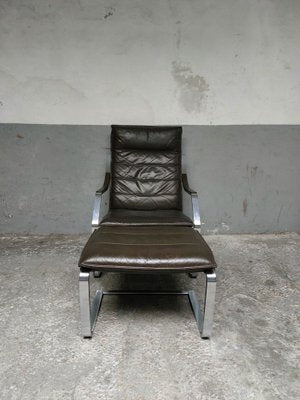 Lounge Chair and Footrest in Dark Brown Leather and Chrome by Rudolph Glatzl for Walter Knoll, Germany, 1970s, Set of 2-AIF-1782186