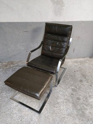 Lounge Chair and Footrest in Dark Brown Leather and Chrome by Rudolph Glatzl for Walter Knoll, Germany, 1970s, Set of 2-AIF-1782186