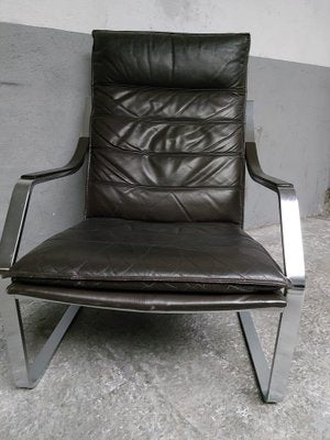 Lounge Chair and Footrest in Dark Brown Leather and Chrome by Rudolph Glatzl for Walter Knoll, Germany, 1970s, Set of 2-AIF-1782186