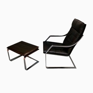 Lounge Chair and Footrest in Dark Brown Leather and Chrome by Rudolph Glatzl for Walter Knoll, Germany, 1970s, Set of 2-AIF-1782186