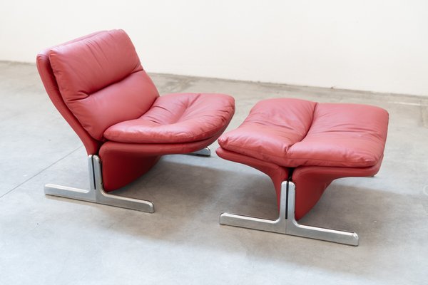 Lounge Chair and Footrest in Red Leather by Vitelli e Ammannati for Brunati, 1970s-1980s, Set of 2-KNM-1756785