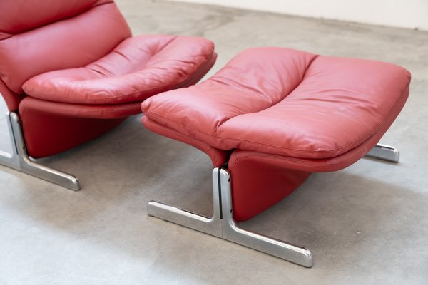 Lounge Chair and Footrest in Red Leather by Vitelli e Ammannati for Brunati, 1970s-1980s, Set of 2-KNM-1756785