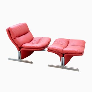 Lounge Chair and Footrest in Red Leather by Vitelli e Ammannati for Brunati, 1970s-1980s, Set of 2-KNM-1756785