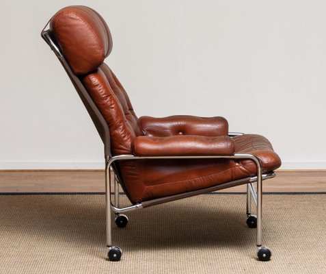 Lounge Chair in Chrome and Brown Cognac Leather from Lindlöfs, 1960s-JE-987133