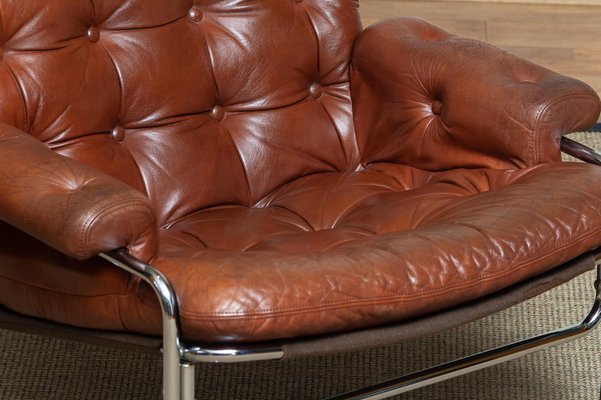 Lounge Chair in Chrome and Brown Cognac Leather from Lindlöfs, 1960s-JE-987133