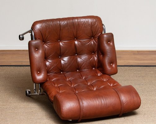 Lounge Chair in Chrome and Brown Cognac Leather from Lindlöfs, 1960s-JE-987133