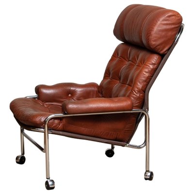 Lounge Chair in Chrome and Brown Cognac Leather from Lindlöfs, 1960s-JE-987133