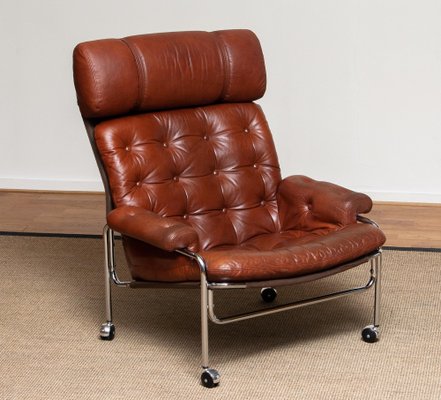 Lounge Chair in Chrome and Brown Cognac Leather from Lindlöfs, 1960s-JE-987133