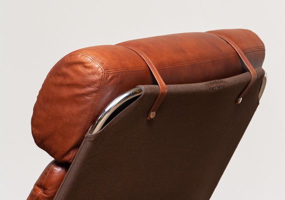 Lounge Chair in Chrome and Brown Cognac Leather from Lindlöfs, 1960s-JE-987133