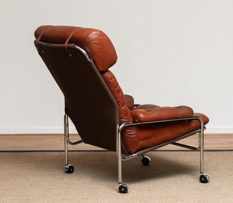 Lounge Chair in Chrome and Brown Cognac Leather from Lindlöfs, 1960s-JE-987133