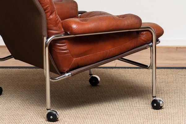 Lounge Chair in Chrome and Brown Cognac Leather from Lindlöfs, 1960s-JE-987133