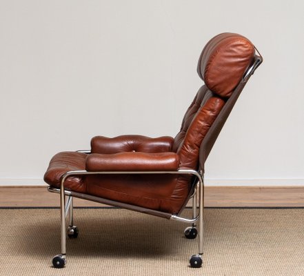 Lounge Chair in Chrome and Brown Cognac Leather from Lindlöfs, 1960s-JE-987133