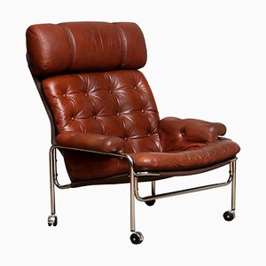 Lounge Chair in Chrome and Brown Cognac Leather from Lindlöfs, 1960s-JE-987133