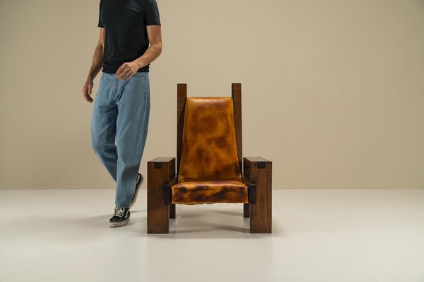 Lounge Chair in Elm and Leather in the syle of Pierre Chapo, France, 1970s-UQV-1719968