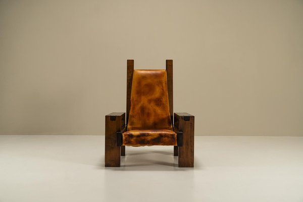 Lounge Chair in Elm and Leather in the syle of Pierre Chapo, France, 1970s-UQV-1719968