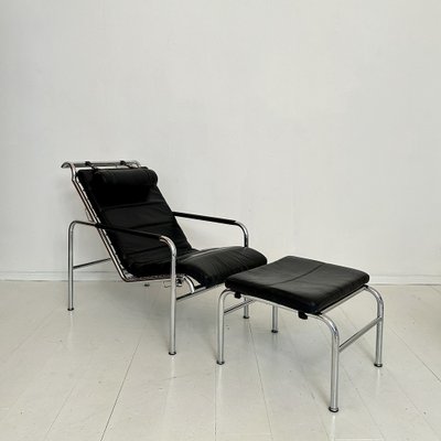 Lounge Chair with Ottoman in Chrome and Black Leather by Gabriele Mucchi for Zanotta, 1980s, Set of 2-FB-2043893