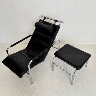 Lounge Chair with Ottoman in Chrome and Black Leather by Gabriele Mucchi for Zanotta, 1980s, Set of 2-FB-2043893