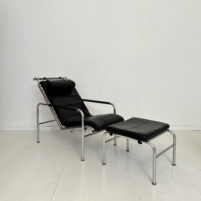 Lounge Chair with Ottoman in Chrome and Black Leather by Gabriele Mucchi for Zanotta, 1980s, Set of 2-FB-2043893