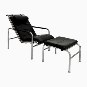 Lounge Chair with Ottoman in Chrome and Black Leather by Gabriele Mucchi for Zanotta, 1980s, Set of 2-FB-2043893