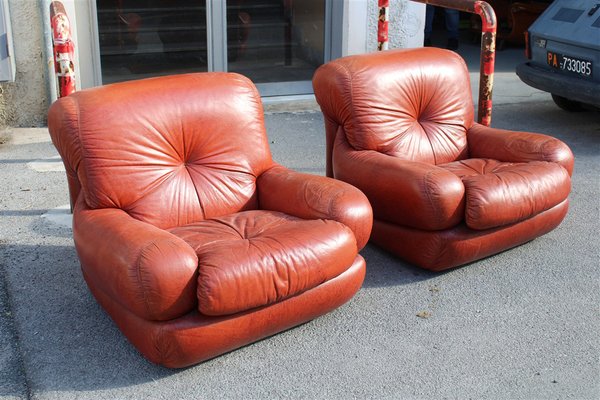 Lounge Chairs in Cognac Bubble Leather, Italy, 1970s, Set of 2-EH-1791711