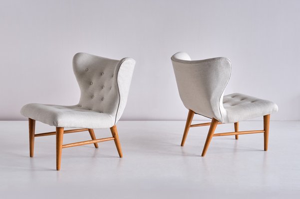 Lounge Chairs in Ivory Linen and Elm by Eric Bertil Karlén, Sweden, 1940s, Set of 2-FMT-981592