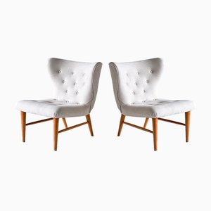 Lounge Chairs in Ivory Linen and Elm by Eric Bertil Karlén, Sweden, 1940s, Set of 2-FMT-981592