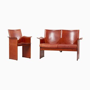 Loveseat and Chair in Dark Cognac Leather by Tito Agnoli for Matteo Grasse, Italy, Set of 2-SFD-810591