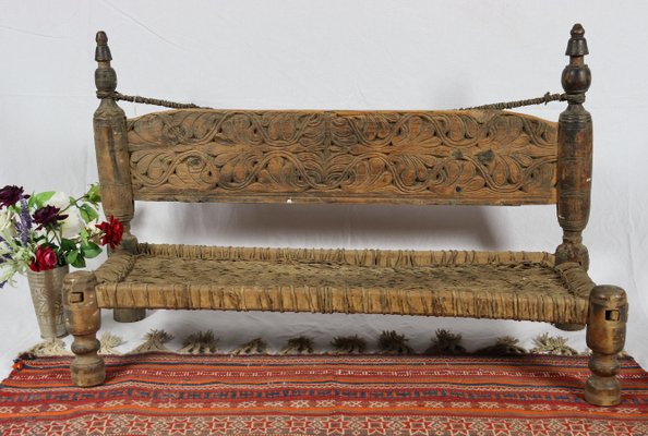 Low 2-Seater Cedar Chair, Nuristan, Afghanistan, 1890s-UZN-1427914