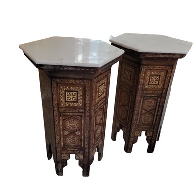 Low Hexagonal Tables with Taracea and Marble Tops, Set of 2-TCS-1747088