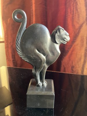 Lucien Alliot, Art Deco Sculpture of a Cat, 1925, Bronze on a Black Marble Base-XHV-1770494