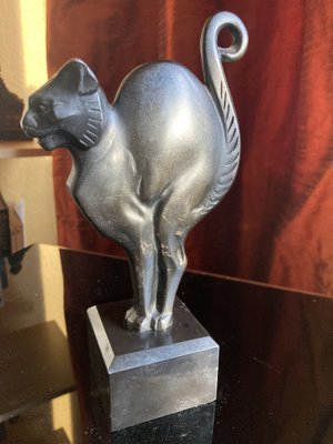 Lucien Alliot, Art Deco Sculpture of a Cat, 1925, Bronze on a Black Marble Base-XHV-1770494