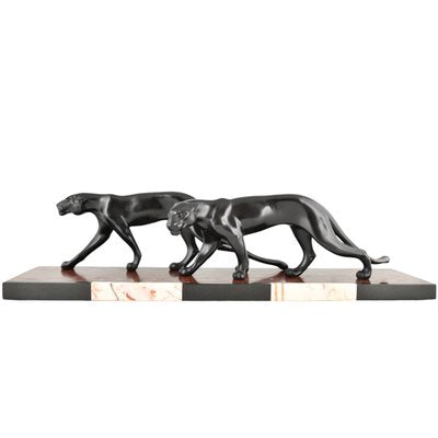 M. Font, Art Deco Sculpture of Two Panthers, 1930, Metal on Marble Base-KTN-2028877