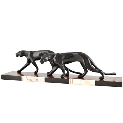 M. Font, Art Deco Sculpture of Two Panthers, 1930, Metal on Marble Base-KTN-2028877