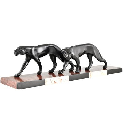 M. Font, Art Deco Sculpture of Two Panthers, 1930, Metal on Marble Base-KTN-2028877