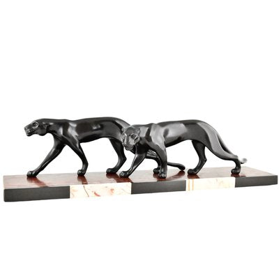 M. Font, Art Deco Sculpture of Two Panthers, 1930, Metal on Marble Base-KTN-2028877