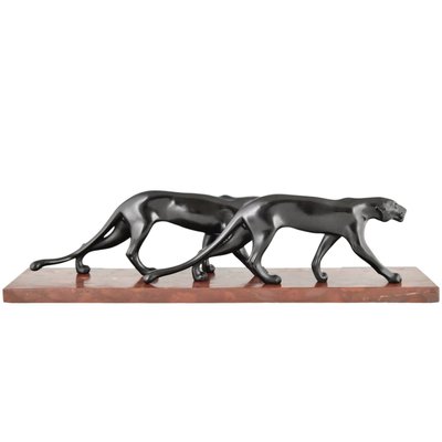 M. Font, Art Deco Sculpture of Two Panthers, 1930, Metal on Marble Base-KTN-2028877