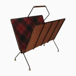 Magazine Rack in Black Lacquered Metal & Leather with Tile Fabrics-BA-1365530