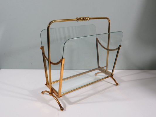 Magazine Rack in Brass and Glass, Italy, 1950s-1960s-UKG-1757051