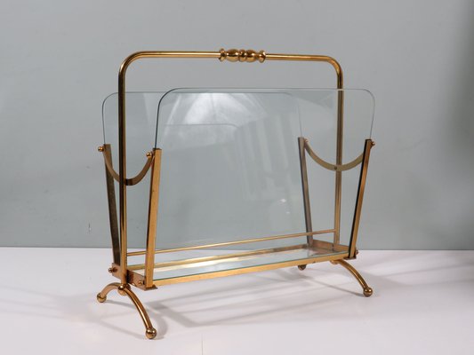 Magazine Rack in Brass and Glass, Italy, 1950s-1960s-UKG-1757051