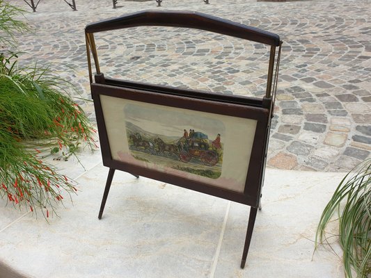 Magazine Rack in Wood and Brass with Paintings, 1970s-ZFY-1396826