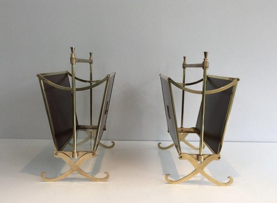 Mahogany and Brass Magazine Racks Attributed to Maison Jansen House, Set of 2-BA-1365583