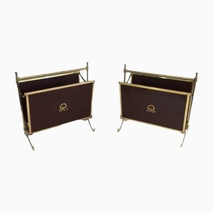 Mahogany and Brass Magazine Racks Attributed to Maison Jansen House, Set of 2-BA-1365583