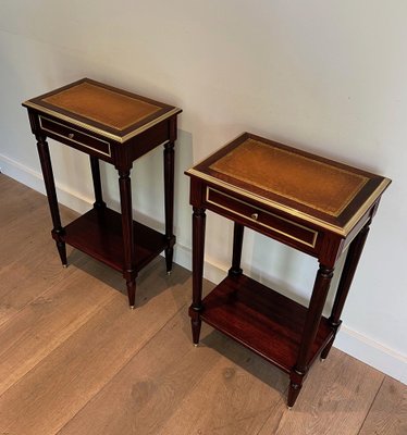 Mahogany and Brass Nightstands with Leather Trays in the Style of Maison Jansen, 1940s, Set of 2-BA-1740050