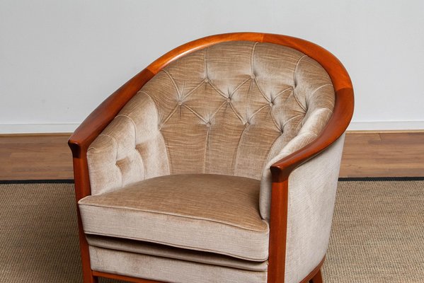 Mahogany and Taupe Velvet Lounge Chair from Bröderna Andersson, Sweden, 1960s-JE-987139