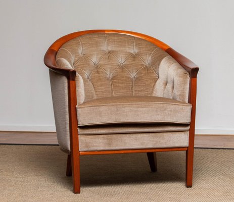 Mahogany and Taupe Velvet Lounge Chair from Bröderna Andersson, Sweden, 1960s-JE-987139