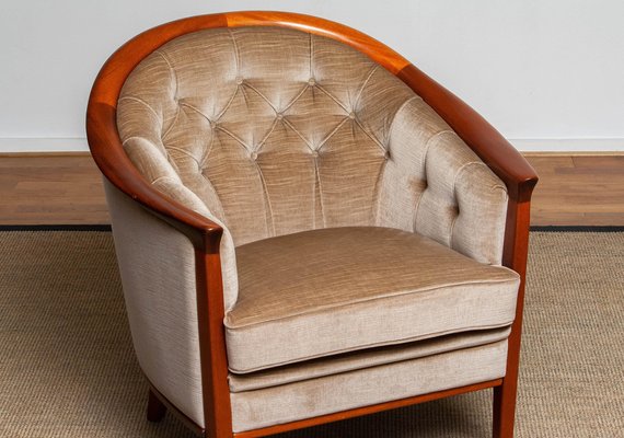 Mahogany and Taupe Velvet Lounge Chair from Bröderna Andersson, Sweden, 1960s-JE-987139