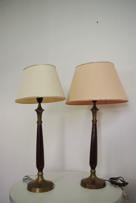 Mahogany, Brass & Cotton Hats Tale Lamps from Abat Jour, 1950s, Set of 2-KNM-910485