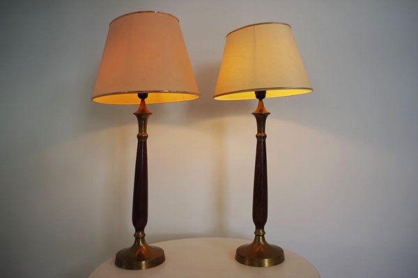 Mahogany, Brass & Cotton Hats Tale Lamps from Abat Jour, 1950s, Set of 2-KNM-910485